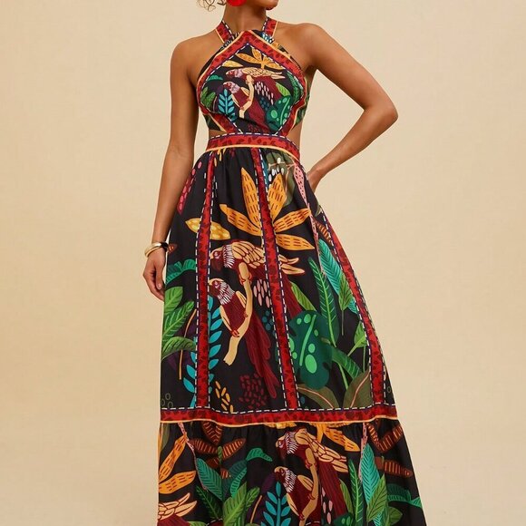 Black Boho Women's Palm Tree Print Strapless Hollow Out Dress - Picture 1 of 6